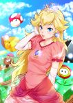  1girl absurdres arm_at_side ats2nd block blonde_hair blue_eyes blue_sky breasts bridal_gauntlets clouds day dress earrings fire_flower goomba hand_up highres jewelry long_hair super_mario_bros. mushroom parted_lips pink_dress pipe princess_peach question_block sky small_breasts sparkle standing tiara 
