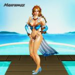  1girl 3d aphrodite_(smite) blonde_hair blue_eyes blue_suit breasts full_body goddess golden_rings jewelry large_breasts legs legs_together long_hair love_goddess maxramzz necklace pool smile smite solo watermark xnalara 