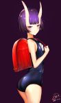  112san 1girl absurdres artist_name ass backpack bag bangs bob_cut clothes_writing dated fate/grand_order fate_(series) highres looking_at_viewer one-piece_swimsuit oni oni_horns purple_hair randoseru school_swimsuit short_hair shuten_douji_(fate/grand_order) smile solo swimsuit violet_eyes 