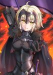  1girl :d arm_behind_back armor armored_dress banner black_cape black_dress cape chains dress eyebrows_visible_through_hair fate/grand_order fate_(series) fire gauntlets green_eyes highres holding holding_weapon jeanne_d&#039;arc_(alter)_(fate) jeanne_d&#039;arc_(fate)_(all) looking_at_viewer open_mouth short_hair signature silver_hair smile solo standing sunsun2812 sword upper_body weapon 
