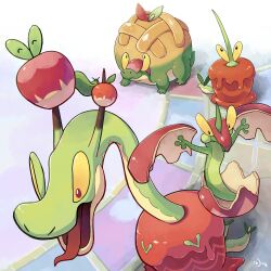  ^_^ absurdres appletun applin aquabluu arms_up artist_name closed_eyes closed_mouth colored_sclera commentary dipplin english_commentary evolutionary_line flapple flying highres horns hydrapple looking_at_viewer no_humans open_mouth pokemon pokemon_(creature) red_eyes signature smile tongue tongue_out wings yellow_sclera 