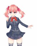  1girl animated animated_gif arm_up black_legwear blazer blue_eyes breasts clenched_hand fighting_girl_sakura-r jacket large_breasts long_hair official_art pink_hair ribbon school_uniform skirt smile solo striped striped_legwear thigh-highs twintails umai_neko 