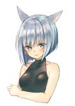  &gt;:) 1girl animal_ears bangs bare_arms bare_shoulders black_shirt blue_eyes breasts cat_ears closed_mouth collarbone commentary_request erect_nipples eyebrows_visible_through_hair facial_mark final_fantasy final_fantasy_xiv looking_at_viewer medium_breasts midorikawa_you miqo&#039;te shirt short_hair silver_hair simple_background sleeveless sleeveless_shirt smile solo tsurime v-shaped_eyebrows white_background 