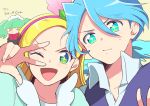  +_+ 1boy 2girls biburi_(precure) blonde_hair blue_eyes blue_hair brother_and_sister close-up green_eyes green_hair kirahoshi_ciel kirakira_precure_a_la_mode kumo_suzume long_hair maid multiple_girls open_mouth pikario_(precure) ponytail precure siblings simple_background sweatdrop twintails v yellow_background 