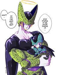  2boys amiz06 artist_name biceps black_nails blush carrying cell_(dragon_ball) cell_junior child colored_skin commentary_request dragon_ball dragon_ball_z english_commentary english_text fingernails halo highres long_fingernails looking_at_viewer male_focus mixed-language_commentary multiple_boys muscular muscular_male open_mouth pectorals perfect_cell purple_skin red_eyes sharp_fingernails simple_background speech_bubble twitter_username v-shaped_eyebrows violet_eyes white_background white_skin wings 