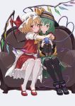  2girls black_footwear black_hat black_legwear blonde_hair blue_background bow couch fkey flandre_scarlet green_eyes green_hair green_skirt hat hat_bow hat_ribbon heart highres holding hug komeiji_koishi long_sleeves mary_janes mob_cap multiple_girls nail_polish red_eyes red_footwear red_nails red_ribbon red_skirt ribbon shirt shoes simple_background sitting skirt skirt_set thigh-highs third_eye touhou vest white_hat white_legwear wide_sleeves wings yellow_bow yellow_shirt 