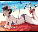  4girls :d ass barefoot beach bikini black_hair blindfold blonde_hair breasts cleavage day eyewear_on_head fate/apocrypha fate/grand_order fate_(series) feet flower food fruit hair_flower hair_ornament horns ibaraki_douji_(fate/grand_order) long_hair looking_at_viewer lying minamoto_no_raikou_(fate/grand_order) mordred_(fate) mordred_(fate)_(all) mordred_(swimsuit_rider)_(fate) multiple_girls ocean on_stomach one-piece_swimsuit oni open_mouth osakana_(denpa_yun&#039;yun) pink_swimsuit purple_bikini purple_hair shuten_douji_(fate/grand_order) smile sunglasses surfboard surfing swimsuit teeth tongue violet_eyes watermelon 