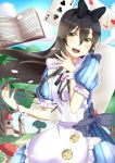  :d alice_(wonderland) alice_(wonderland)_(cosplay) alice_in_wonderland bang_dream! black_bow black_hair blue_dress blue_sky blush book bow card clouds cosplay dress grass green_eyes hair_between_eyes hair_bow hanazono_tae hassan_(user_vgzs2728) long_hair looking_at_viewer mushroom open_book open_mouth outdoors path playing_card puffy_short_sleeves puffy_sleeves road short_sleeves sky smile standing tower wrist_cuffs 