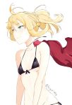  112san 1girl bikini black_bikini blonde_hair breasts fate/apocrypha fate/grand_order fate_(series) front-tie_bikini front-tie_top green_eyes hair_between_eyes jewelry long_hair micro_bikini mordred_(fate) mordred_(fate)_(all) navel necklace ponytail side-tie_bikini simple_background small_breasts smile solo swimsuit twitter_username upper_body wind 