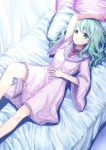  1girl alternate_costume blush commentary_request curly_hair green_eyes green_hair knee_up komeiji_koishi lingerie long_hair lying negligee on_back on_bed pink_negligee rnkgmn solo third_eye touhou underwear wide_sleeves 