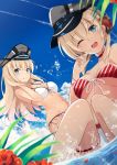  2girls bikini bismarck_(kantai_collection) blonde_hair blue_eyes breasts eyebrows_visible_through_hair hair_between_eyes hat highres kantai_collection large_breasts long_hair multiple_girls one_eye_closed open_mouth peaked_cap prinz_eugen_(kantai_collection) red_bikini red_flower side-tie_bikini smile swimsuit white_bikini youkan_(mattya_youkan) 