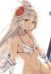  /\/\/\ 1girl ahoge backlighting bikini breasts brown_eyes cleavage closed_mouth collarbone cowboy_shot dark_skin dutch_angle front-tie_bikini front-tie_top granblue_fantasy grey_hair hair_between_eyes hair_flaps halterneck highres long_hair looking_at_viewer medium_hair navel off_shoulder reinama smile solo swimsuit the_order_grande very_long_hair white_bikini 