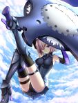  1girl armor armored_boots armored_leotard bare_shoulders black_legwear black_leotard boots breasts breasts_apart clouds cloudy_sky day drogoth elbow_gloves eyebrows_visible_through_hair fate/grand_order fate_(series) full_body gloves hair_over_one_eye high_heel_boots high_heels highres holding_shield lavender_hair leotard looking_at_viewer mash_kyrielight medium_breasts parted_lips shield short_hair sky smile solo thigh-highs thigh_strap violet_eyes 