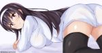  1girl all_fours ass black_hair black_legwear blush breasts brown_eyes closed_mouth dress eyebrows_visible_through_hair from_behind frown hair_between_eyes hairband hanging_breasts impossible_clothes impossible_dress kasumigaoka_utaha large_breasts long_hair looking_at_viewer looking_back saenai_heroine_no_sodatekata solo sweater tasora thigh-highs twitter_username white_dress 
