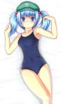 1girl :&lt; armpits bangs bare_legs bed_sheet blue_eyes blue_hair blunt_bangs breasts cabbie_hat closed_mouth collarbone commentary covered_navel from_above furrowed_eyebrows green_hat hair_bobbles hair_ornament hands_up hat kawashiro_nitori large_breasts lying medium_hair mofupaka on_back school_swimsuit sidelocks solo swimsuit touhou twintails 