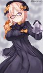  1girl :o abigail_williams_(fate/grand_order) abigail_williams_(fate/grand_order)_(cosplay) bangs black-framed_eyewear black_bow black_dress black_hat bow breasts character_doll commentary_request cosplay dress eyebrows_visible_through_hair fate/grand_order fate_(series) fujimaru_ritsuka_(female) glasses hair_bow hands_in_sleeves hat head_tilt large_breasts long_sleeves looking_at_viewer mash_kyrielight orange_bow orange_hair parted_bangs parted_lips pink_hair polka_dot polka_dot_bow short_hair solo stuffed_animal stuffed_toy tasora teddy_bear twitter_username violet_eyes 