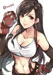  1girl breasts cleavage commentary_request elbow_gloves final_fantasy final_fantasy_vii gloves large_breasts lips long_hair low-tied_long_hair midriff simple_background skirt solo suspender_skirt suspenders tama_(tmfy5) tank_top tifa_lockhart upper_body 