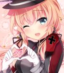  1girl blonde_hair blue_eyes blush gloves hat ichiyou_moka kantai_collection long_hair long_sleeves low_twintails military military_uniform one_eye_closed open_mouth peaked_cap prinz_eugen_(kantai_collection) smile solo twintails twitter_username uniform white_gloves 