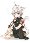  1girl :t animal_ears arm_tattoo bangs bare_shoulders barefoot black_pants black_shirt blush cat_ears cat_girl cat_tail closed_mouth commentary_request eyebrows_visible_through_hair final_fantasy final_fantasy_xiv full_body green_eyes heterochromia leg_hug midorikawa_you miqo&#039;te own_hands_together pants pout shirt short_hair simple_background sitting sketch sleeveless sleeveless_shirt solo tail tattoo translation_request v-shaped_eyebrows violet_eyes white_background white_hair 
