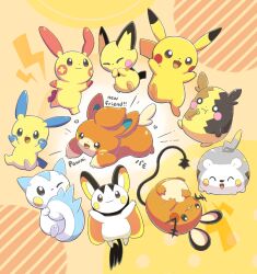  :3 :d :t ^_^ aquabluu arms_up black_eyes brown_eyes buck_teeth character_name closed_eyes closed_mouth commentary dedenne eating emolga english_commentary english_text food heart highres holding holding_food holding_own_tail lightning_bolt_symbol minun morpeko morpeko_(full) no_humans o_o one_eye_closed open_mouth orange_background pachirisu pawmi pichu pikachu plusle pokemon pokemon_(creature) simple_background smile tail teeth togedemaru upside-down 
