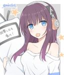  1girl azur_lane bare_shoulders black_hair blue_eyes chips collarbone commentary_request dakimakura_(object) food headphones holding long_hair long_island_(azur_lane) looking_at_viewer off-shoulder_shirt pillow potato_chips shirt smile solo t-shirt takeg05 translation_request twitter_username 