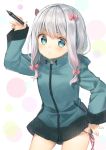  1girl :t arm_up bangs blush bow closed_mouth commentary_request cowboy_shot eromanga_sensei eyebrows_visible_through_hair green_eyes green_jacket hair_bow holding_stylus izumi_sagiri jacket long_sleeves looking_at_viewer midorikawa_you panties panty_pull pink_bow pink_panties pout pulled_by_self side-tie_panties sidelocks silver_hair solo stylus underwear 