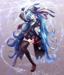  1girl :d absurdly_long_hair ajigo black_footwear black_gloves black_hat black_legwear black_neckwear black_skirt blue_eyes blue_hair bow eyebrows_visible_through_hair floating_hair full_body garter_straps gloves hair_between_eyes hair_ribbon hat hatsune_miku head_tilt high_heels highres holding leaning_back long_hair looking_at_viewer miniskirt necktie open_mouth red_bow ribbon shirt skirt smile solo standing striped thigh-highs twintails vertical_stripes very_long_hair vocaloid white_shirt 