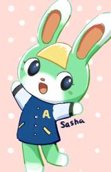  1boy :d animal_crossing animal_ears aquabluu arms_up blonde_hair blue_eyes blue_jacket blush_stickers buttons character_name commentary english_commentary furry furry_male jacket letterman_jacket long_sleeves looking_at_viewer male_focus open_mouth pink_background polka_dot polka_dot_background rabbit_boy rabbit_ears sasha_(animal_crossing) simple_background smile solo 
