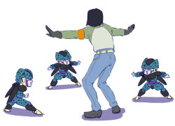  4boys :d amiz06 android_17 armband belt black_hair blue_pants cell_junior colored_skin commentary denim dragon_ball dragon_ball_z english_commentary facing_away from_behind gloves green_shirt grey_footwear grey_gloves jeans male_focus medium_hair multiple_boys open_mouth orange_armband outstretched_arms pants purple_skin shadow shirt shoes simple_background smile spread_arms standing v-shaped_eyebrows white_background white_skin wings yellow_belt 