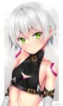 1girl bandage bandaged_arm bare_shoulders blush breasts eyebrows_visible_through_hair fate/apocrypha fate_(series) green_eyes jack_the_ripper_(fate/apocrypha) puririn scar scar_across_eye scar_on_cheek short_hair small_breasts solo tattoo upper_body white_hair 
