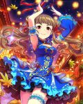  1girl autumn_leaves blue_dress brown_hair chinese_clothes detached_sleeves double_bun dress eyebrows flower hair_flower hair_ornament idolmaster idolmaster_cinderella_girls kamiya_nao long_hair official_art red_eyes sword weapon 