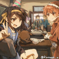  2boys 3girls :d asahina_mikuru black_pantyhose black_socks blazer blue_jacket blue_sailor_collar blue_skirt bow bowtie brown_cardigan brown_eyes brown_hair cardigan chair classroom coat collared_shirt desk expressionless folding_chair frown green_coat hairband hat highres holding holding_hat holding_unworn_clothes hot_plate indoors jacket kita_high_school_uniform kneehighs koizumi_itsuki kyon long_sleeves looking_at_another looking_down multiple_boys multiple_girls nagato_yuki necktie pantyhose party_hat purple_hair red_bow red_bowtie red_necktie sailor_collar santa_costume santa_hat scarf school_desk school_uniform shirt shrugging skirt smile socks staring suzumiya_haruhi suzumiya_haruhi_no_yuuutsu sweater tatsuki_kurisu v v-neck white_shirt winter_clothes winter_uniform yellow_hairband 