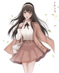  1girl absurdres blush breasts brown_skirt collared_shirt diesel_(nikke) diesel_(strawberry_flower)_(nikke) floating_hair goddess_of_victory:_nikke hairband high-waist_skirt highres large_breasts long_hair long_sleeves looking_at_viewer official_alternate_costume open_mouth ribbon shirt skirt smile solo user_cjfe5558 white_hairband white_shirt 