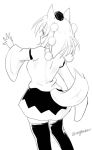  1girl animal_ears arm_up black_legwear black_skirt breasts from_behind greyscale hat inubashiri_momiji looking_at_viewer looking_back medium_breasts monochrome pom_pom_(clothes) skirt tail taurine_8000mg thigh-highs tokin_hat touhou twitter_username wide_sleeves wolf_ears wolf_tail zettai_ryouiki 