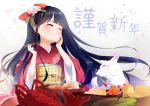  1girl absurdres blush bow chopsticks closed_eyes dog eating floral_print food_request hair_bow highres japanese_clothes kimono lobster long_hair natuno-ojyousan original smile very_long_hair 