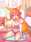  1girl animal_ears bed blush bra breasts cleavage collarbone fang fate/extra fate/extra_ccc fate/grand_order fate_(series) food fox_ears fox_tail ice_cream indoors large_breasts mogullaz off_shoulder open_clothes open_mouth open_shirt pink_bra pink_hair shirt sitting solo tail tamamo_(fate)_(all) tamamo_no_mae_(fate) underwear yellow_eyes 