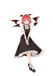  1girl absurdres bat_wings black_dress black_footwear dress full_body head_wings highres koakuma looking_at_viewer necktie open_mouth pointy_ears red_eyes redhead shoes short_sleeves simple_background slit_pupils smile socks solo souta_(karasu_no_ouchi) touhou v_arms white_background white_legwear wing_collar wings wrist_cuffs yellow_neckwear 