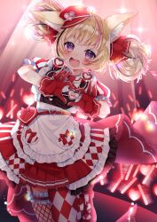  1girl absurdres animal_ear_fluff animal_ears apron asymmetrical_legwear black_hair blonde_hair checkered_thighhighs dress fishnet_thighhighs fishnets fox_ears fox_girl frilled_dress frills gloves hat heart heart_hands heart_in_eye highres hololive long_hair looking_at_viewer mary_janes mini_hat multicolored_hair official_alternate_costume omaru_polka omaru_polka_(6th_costume) open_mouth pink_hair red_dress red_footwear red_gloves red_hat shino_nome shoes smile solo streaked_hair symbol_in_eye thigh-highs two_side_up violet_eyes virtual_youtuber white_apron 