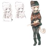  1girl bangs beanie black_footwear black_hat black_legwear blue_eyes blush boots brown_coat cat_tail closed_mouth coat commentary_request directional_arrow eyebrows_visible_through_hair final_fantasy final_fantasy_xiv hand_up hat heterochromia long_sleeves looking_away midorikawa_you miqo&#039;te multiple_views own_hands_together scar_on_cheek short_hair sidelocks simple_background smile standing sweater tail thigh-highs translation_request turtleneck turtleneck_sweater violet_eyes white_background white_hair white_sweater 