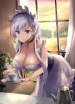  1girl apron azur_lane bangs belfast_(azur_lane) blue_eyes blush braid breasts cleavage closed_mouth cup curtains day evening figurehead_(artist) frilled_apron frills half_updo large_breasts leaning_forward long_hair looking_at_viewer maid maid_headdress ocean plant potted_plant saucer shiny shiny_hair silver_hair smile solo teacup teapot waist_apron window 