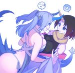  2girls ass asymmetrical_docking blue_eyes breast_press breasts brown_hair character_request cleavage dragon_tail elma_(maidragon) food grey_hair horn horns kobayashi-san_chi_no_maidragon large_breasts long_hair mouth_hold multiple_girls off_shoulder pocky pocky_kiss shared_food short_hair skin_tight tail twintails virgosdf wide_sleeves yuri 