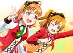  2girls :d ;d ahoge anibache arm_up black_bow blue_eyes bow clover_print crossover earrings green_neckwear hair_bow jacket jewelry kousaka_honoka long_hair love_live! love_live!_school_idol_project love_live!_sunshine!! multiple_girls necktie one_eye_closed open_mouth orange_hair red_bow red_eyes red_jacket red_neckwear short_necktie side_ponytail smile sunny_day_song takami_chika upper_body w 