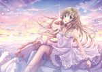  1girl :d bare_arms bare_shoulders blue_eyes blush brown_hair clouds cloudy_sky commentary_request dress fingernails hand_in_hair hat hat_removed headwear_removed horizon leg_ribbon long_hair looking_away ocean open_mouth original ribbon sakura_moyon sitting sky sleeveless sleeveless_dress smile solo suitcase sundress sunset tetrapod very_long_hair white_dress white_hat white_ribbon 
