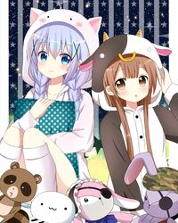  2girls :o animal_costume bangs blue_eyes blue_hair blush brown_eyes brown_hair camouflage closed_mouth collarbone cow_costume cow_horns eyebrows_visible_through_hair eyepatch gochuumon_wa_usagi_desu_ka? hair_between_eyes hair_ornament hairband head_tilt highres hood hood_up hoodie horns kafuu_chino kneehighs lolita_hairband long_hair long_sleeves looking_at_viewer multiple_girls oomuro_hanako open_clothes open_hoodie pajamas parted_lips pillow pillow_hug polka_dot_pillow ryoutan sidelocks smile star starry_background stuffed_animal stuffed_bunny stuffed_raccoon stuffed_toy white_hoodie white_legwear x_hair_ornament yuru_yuri 