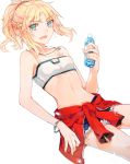  1girl :d blonde_hair blue_eyes blue_shorts bra bracelet breasts cleavage cleavage_cutout clothes_around_waist collarbone cowboy_shot denim denim_shorts dutch_angle eyebrows_visible_through_hair fate/apocrypha fate_(series) hair_ornament hair_scrunchie high_ponytail highres holding jewelry long_hair midriff mordred_(fate) mordred_(fate)_(all) open_mouth red_scrunchie scrunchie short_shorts shorts simple_background small_breasts smile solo standing stomach torn_clothes torn_shorts underwear white_background white_bra yogurt_yo 