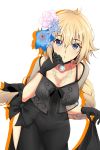  1girl black_bow black_dress black_gloves blonde_hair blue_eyes blue_flower bow breasts cleavage cowboy_shot dress eyebrows_visible_through_hair fate/apocrypha fate_(series) flower gloves hair_between_eyes hair_flower hair_ornament highres jeanne_d&#039;arc_(fate) jeanne_d&#039;arc_(fate)_(all) jewelry large_breasts leaning_forward looking_at_viewer necklace open_mouth see-through short_hair simple_background skirt_hold solo standing torikun white_background white_flower 