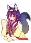  1girl animal_ears bangs blush bow brown_bow brown_eyes coat commentary_request eyebrows_visible_through_hair fang fox_ears fox_girl fox_tail hair_between_eyes hair_intakes hatsuse_izuna japanese_clothes kimono long_sleeves looking_at_viewer midorikawa_you no_game_no_life overcoat parted_lips pinching_sleeves pink_kimono purple_hair seiza short_hair short_kimono simple_background sitting sleeves_past_wrists solo tail white_background wide_sleeves yellow_hairband 