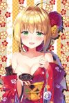  1girl bangs blonde_hair blush breasts cleavage collarbone eyebrows_visible_through_hair fate/grand_order fate_(series) flower green_eyes hair_between_eyes hair_ornament hayama_eishi holding japanese_clothes large_breasts looking_at_viewer nero_claudius_(fate)_(all) open_mouth rose simple_background smile solo 