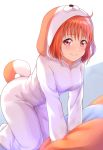  1girl ahoge all_fours animal_costume bangs cosplay dog_costume hood kanabun kigurumi long_sleeves looking_at_viewer love_live! love_live!_sunshine!! orange_hair pajamas red_eyes shiitake_(love_live!_sunshine!!) shiitake_(love_live!_sunshine!!)_(cosplay) smile solo tail takami_chika 