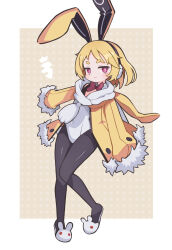  1girl :3 animal_ears animal_slippers black_pantyhose blonde_hair bow bowtie bright_pupils bunny_slippers coat commentary covered_navel detached_collar disgaea earmuffs fake_animal_ears flat_chest full_body fur-trimmed_jacket fur-trimmed_sleeves fur_trim half-closed_eyes highres hikimayu jacket knees_together_feet_apart leotard long_sleeves looking_at_viewer makai_senki_disgaea_5 navel no_nose open_clothes open_jacket pantyhose pigeon-toed playboy_bunny purple_bow purple_bowtie rabbit_earmuffs rabbit_ears rabbits_foot scarf short_eyebrows short_hair sleeves_past_fingers sleeves_past_wrists slippers smile solo standing standing_on_one_leg suaman thick_eyebrows usalia_(disgaea) violet_eyes white_leotard white_pupils white_scarf wing_collar yellow_coat yellow_jacket 